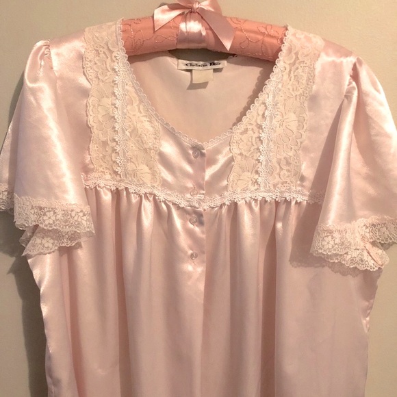 Dior Other - Vintage Dior Nightgown Pink Lace Cap Sleeves Round Neck Long Length Silky 48”